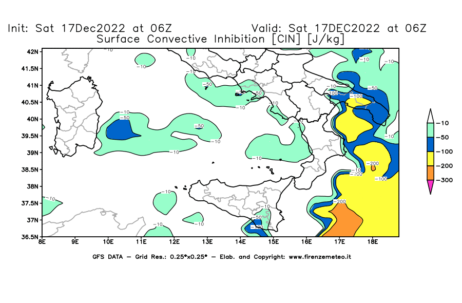 Mappa di analisi GFS - CIN [J/kg] in Sud-Italia
							del 17/12/2022 06 <!--googleoff: index-->UTC<!--googleon: index-->