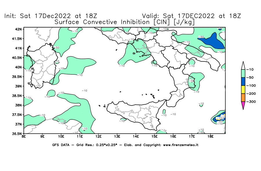 Mappa di analisi GFS - CIN [J/kg] in Sud-Italia
							del 17/12/2022 18 <!--googleoff: index-->UTC<!--googleon: index-->