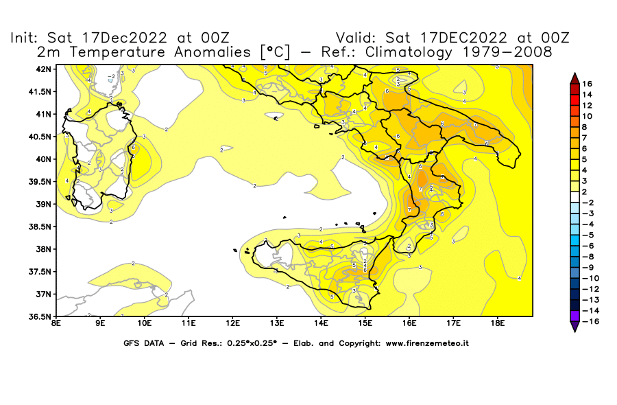 Mappa di analisi GFS - Anomalia Temperatura [°C] a 2 m in Sud-Italia
							del 17/12/2022 00 <!--googleoff: index-->UTC<!--googleon: index-->