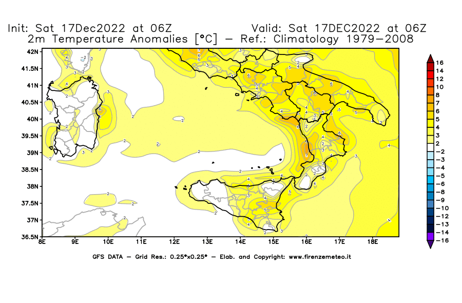 Mappa di analisi GFS - Anomalia Temperatura [°C] a 2 m in Sud-Italia
							del 17/12/2022 06 <!--googleoff: index-->UTC<!--googleon: index-->