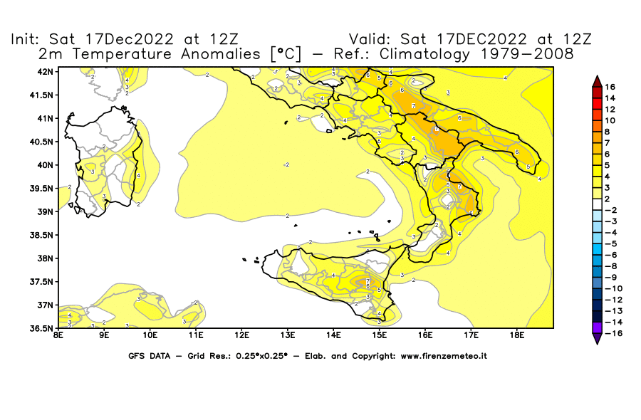 Mappa di analisi GFS - Anomalia Temperatura [°C] a 2 m in Sud-Italia
							del 17/12/2022 12 <!--googleoff: index-->UTC<!--googleon: index-->