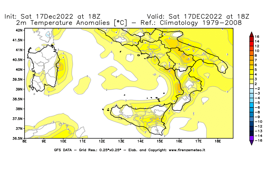 Mappa di analisi GFS - Anomalia Temperatura [°C] a 2 m in Sud-Italia
							del 17/12/2022 18 <!--googleoff: index-->UTC<!--googleon: index-->
