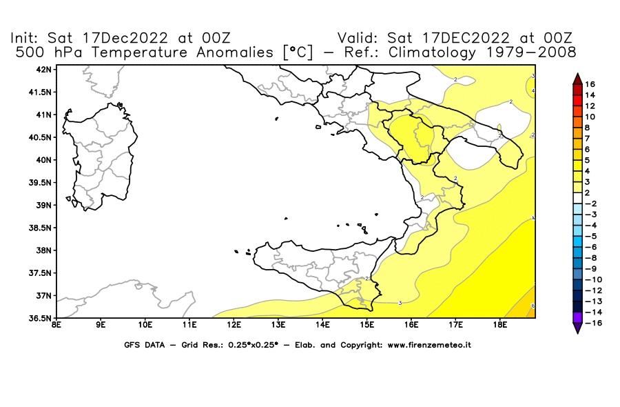 Mappa di analisi GFS - Anomalia Temperatura [°C] a 500 hPa in Sud-Italia
							del 17/12/2022 00 <!--googleoff: index-->UTC<!--googleon: index-->