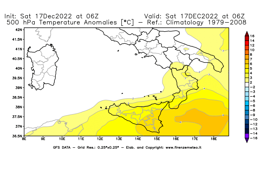Mappa di analisi GFS - Anomalia Temperatura [°C] a 500 hPa in Sud-Italia
							del 17/12/2022 06 <!--googleoff: index-->UTC<!--googleon: index-->