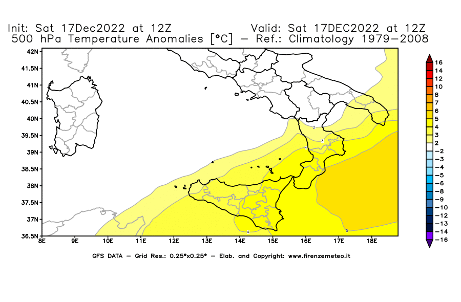 Mappa di analisi GFS - Anomalia Temperatura [°C] a 500 hPa in Sud-Italia
							del 17/12/2022 12 <!--googleoff: index-->UTC<!--googleon: index-->