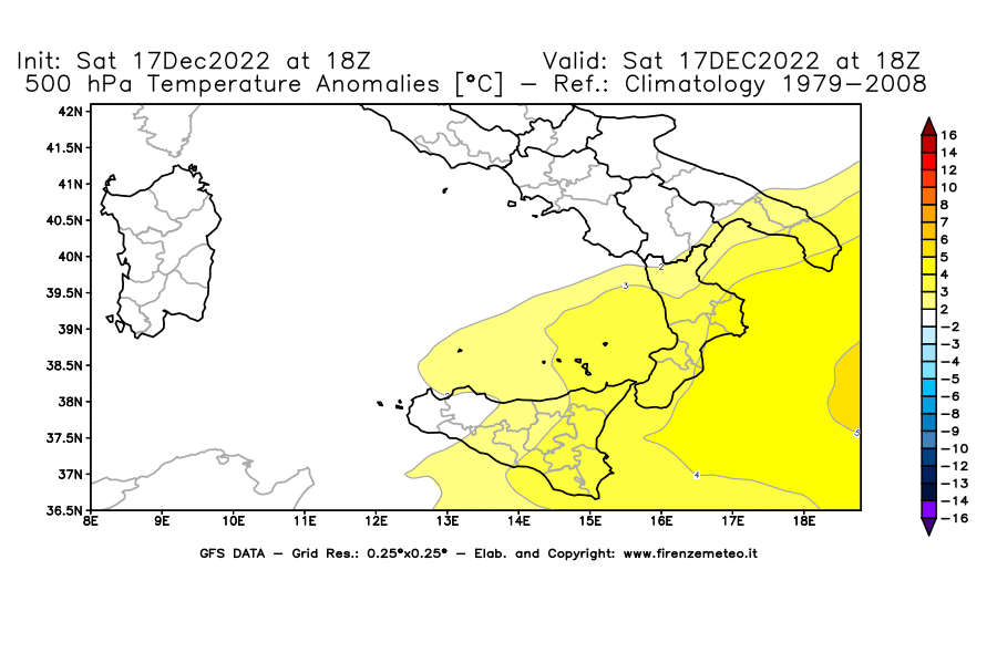 Mappa di analisi GFS - Anomalia Temperatura [°C] a 500 hPa in Sud-Italia
							del 17/12/2022 18 <!--googleoff: index-->UTC<!--googleon: index-->
