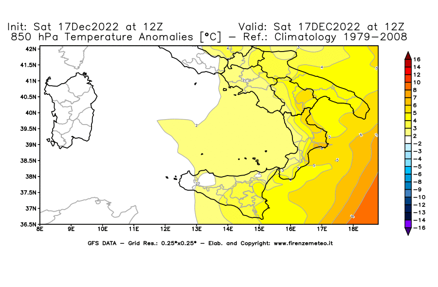 Mappa di analisi GFS - Anomalia Temperatura [°C] a 850 hPa in Sud-Italia
							del 17/12/2022 12 <!--googleoff: index-->UTC<!--googleon: index-->