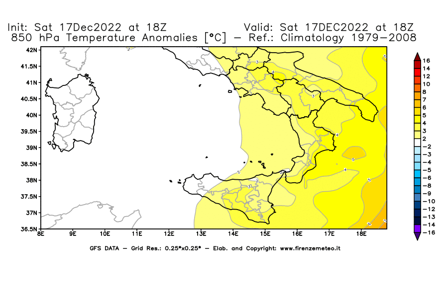 Mappa di analisi GFS - Anomalia Temperatura [°C] a 850 hPa in Sud-Italia
							del 17/12/2022 18 <!--googleoff: index-->UTC<!--googleon: index-->