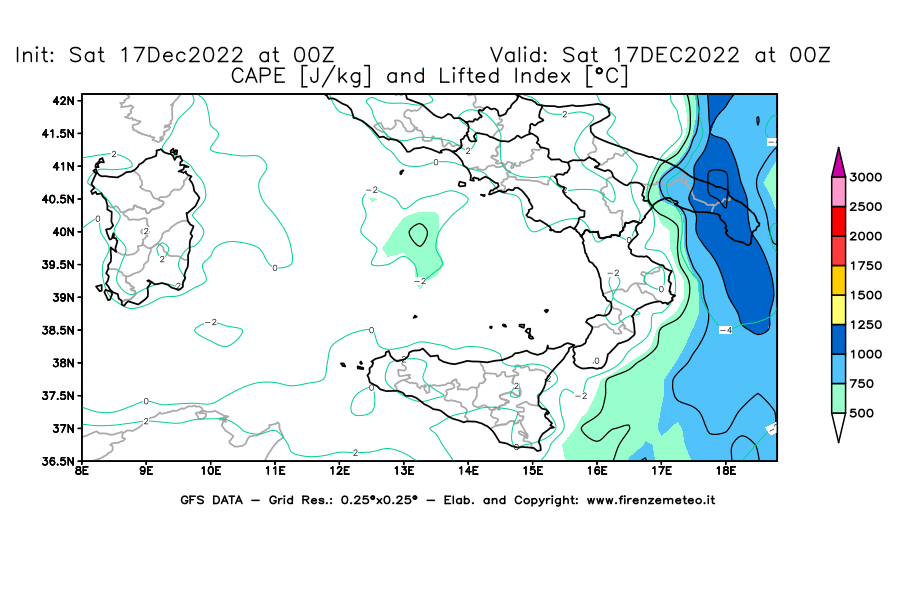 Mappa di analisi GFS - CAPE [J/kg] e Lifted Index [°C] in Sud-Italia
							del 17/12/2022 00 <!--googleoff: index-->UTC<!--googleon: index-->