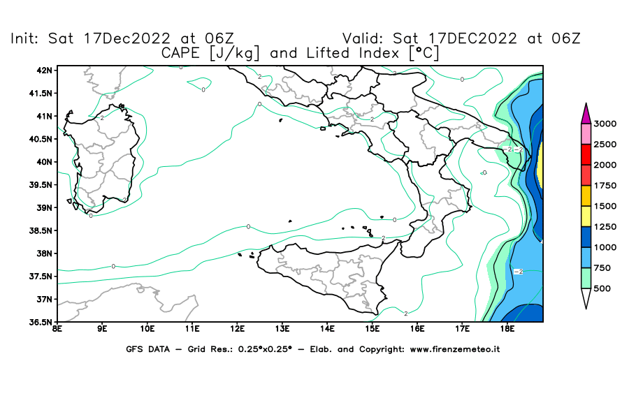 Mappa di analisi GFS - CAPE [J/kg] e Lifted Index [°C] in Sud-Italia
							del 17/12/2022 06 <!--googleoff: index-->UTC<!--googleon: index-->
