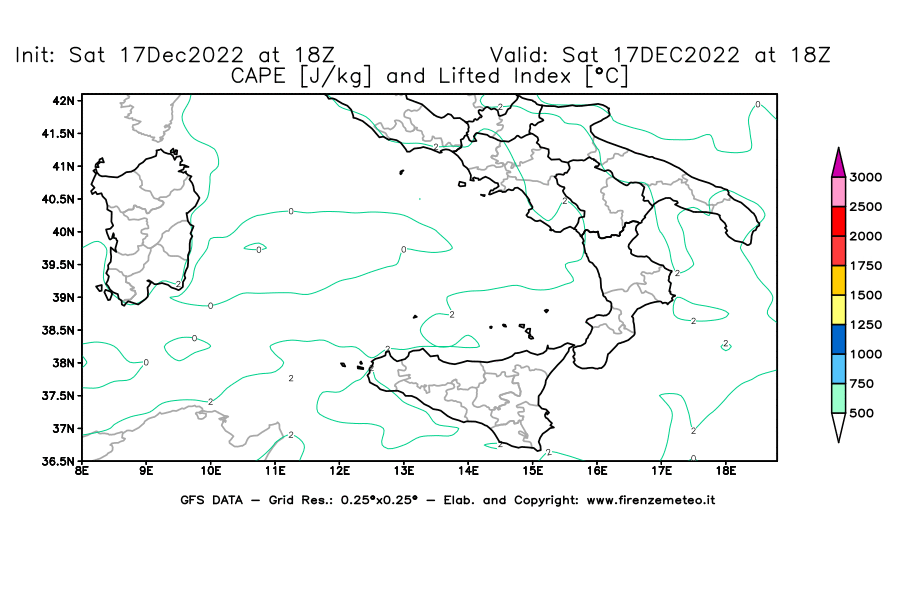 Mappa di analisi GFS - CAPE [J/kg] e Lifted Index [°C] in Sud-Italia
							del 17/12/2022 18 <!--googleoff: index-->UTC<!--googleon: index-->