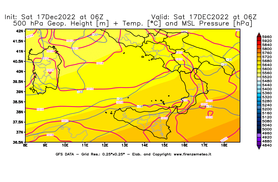 Mappa di analisi GFS - Geopotenziale [m] + Temp. [°C] a 500 hPa + Press. a livello del mare [hPa] in Sud-Italia
							del 17/12/2022 06 <!--googleoff: index-->UTC<!--googleon: index-->