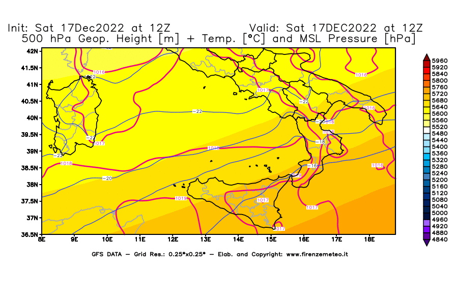 Mappa di analisi GFS - Geopotenziale [m] + Temp. [°C] a 500 hPa + Press. a livello del mare [hPa] in Sud-Italia
							del 17/12/2022 12 <!--googleoff: index-->UTC<!--googleon: index-->