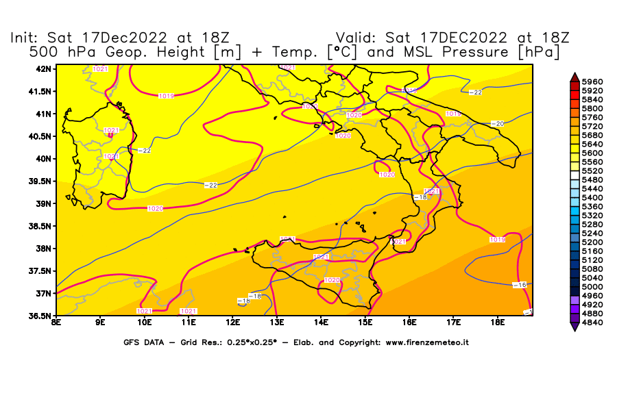 Mappa di analisi GFS - Geopotenziale [m] + Temp. [°C] a 500 hPa + Press. a livello del mare [hPa] in Sud-Italia
							del 17/12/2022 18 <!--googleoff: index-->UTC<!--googleon: index-->