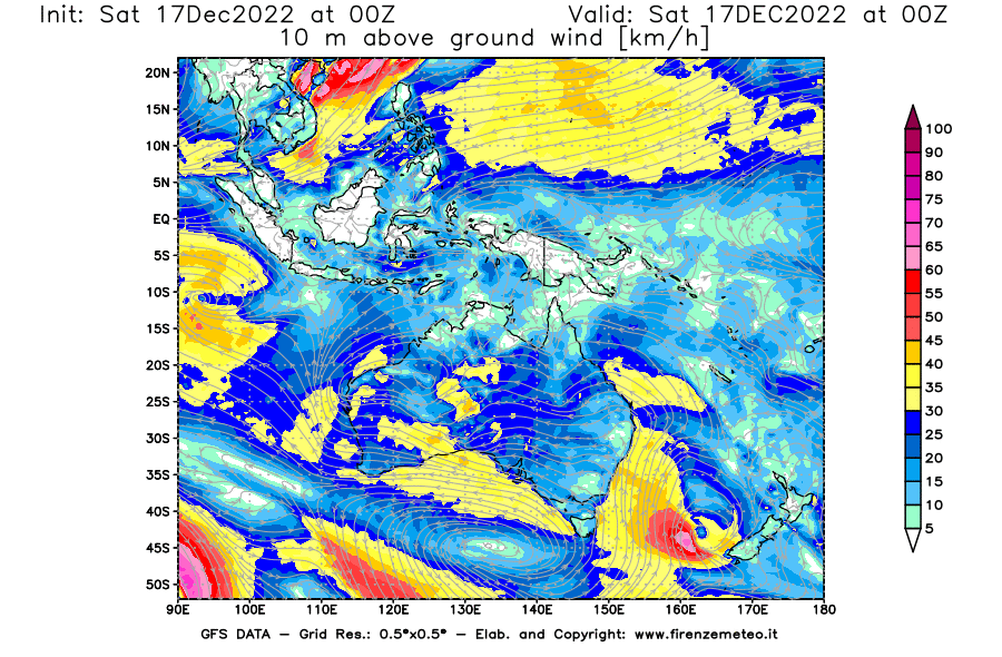 Mappa di analisi GFS - Velocità del vento a 10 metri dal suolo [km/h] in Oceania
							del 17/12/2022 00 <!--googleoff: index-->UTC<!--googleon: index-->