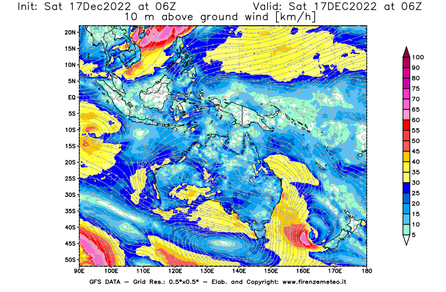 Mappa di analisi GFS - Velocità del vento a 10 metri dal suolo [km/h] in Oceania
							del 17/12/2022 06 <!--googleoff: index-->UTC<!--googleon: index-->
