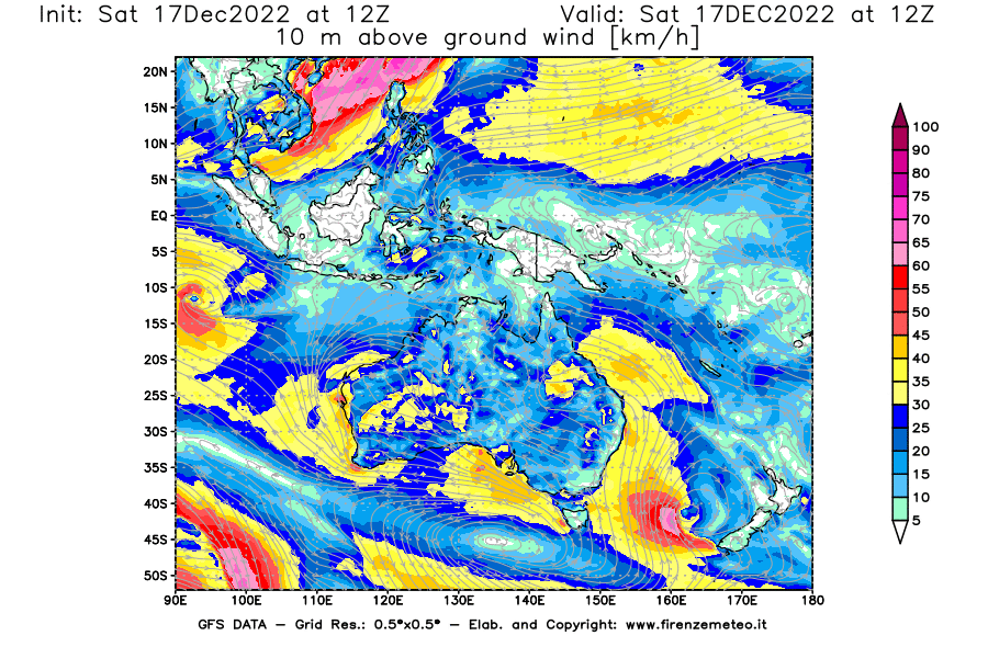 Mappa di analisi GFS - Velocità del vento a 10 metri dal suolo [km/h] in Oceania
							del 17/12/2022 12 <!--googleoff: index-->UTC<!--googleon: index-->