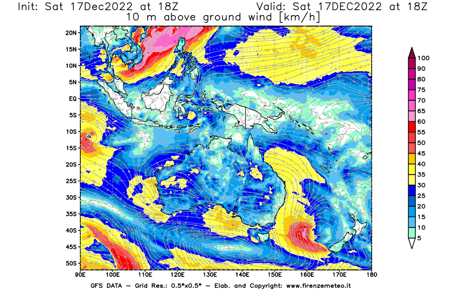 Mappa di analisi GFS - Velocità del vento a 10 metri dal suolo [km/h] in Oceania
							del 17/12/2022 18 <!--googleoff: index-->UTC<!--googleon: index-->