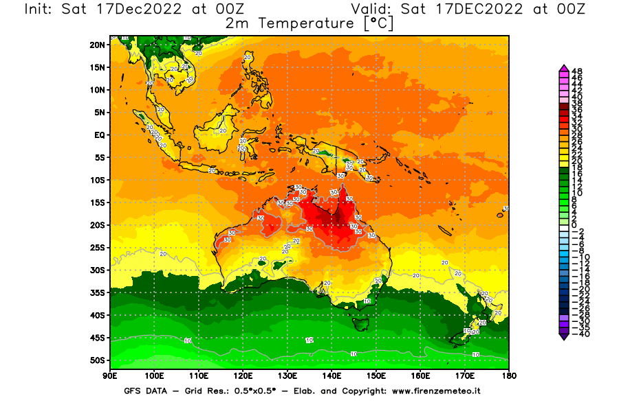 Mappa di analisi GFS - Temperatura a 2 metri dal suolo [°C] in Oceania
							del 17/12/2022 00 <!--googleoff: index-->UTC<!--googleon: index-->