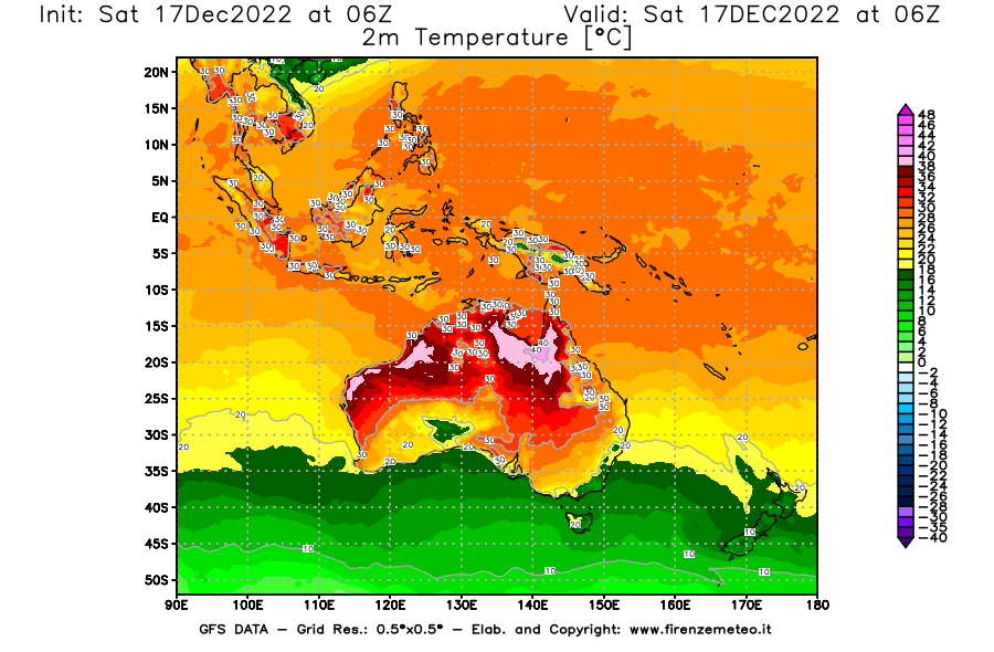 Mappa di analisi GFS - Temperatura a 2 metri dal suolo [°C] in Oceania
							del 17/12/2022 06 <!--googleoff: index-->UTC<!--googleon: index-->