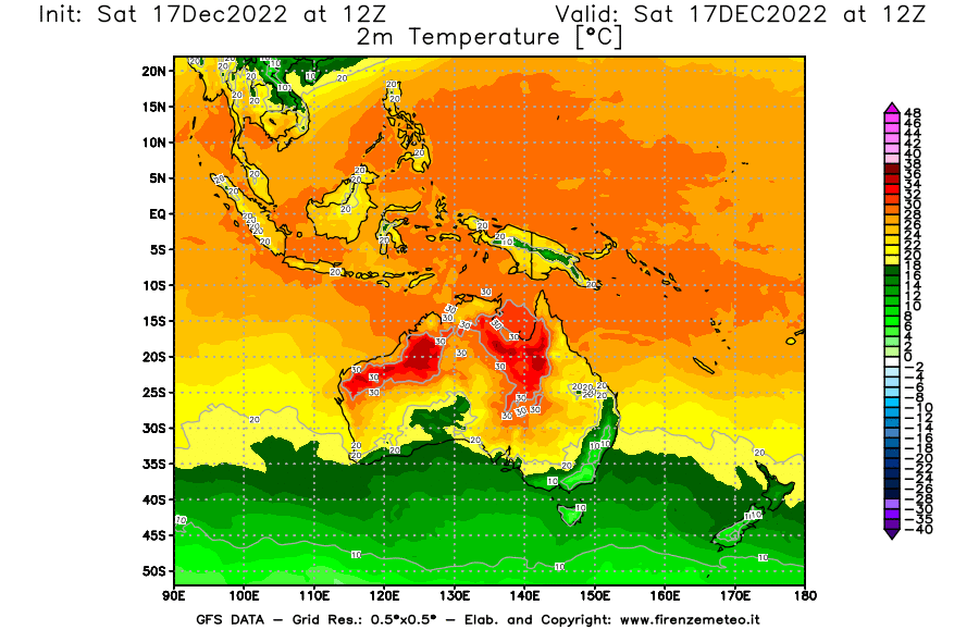 Mappa di analisi GFS - Temperatura a 2 metri dal suolo [°C] in Oceania
							del 17/12/2022 12 <!--googleoff: index-->UTC<!--googleon: index-->