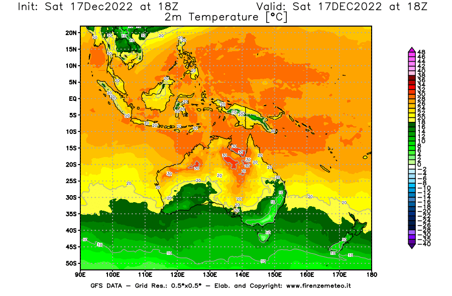 Mappa di analisi GFS - Temperatura a 2 metri dal suolo [°C] in Oceania
							del 17/12/2022 18 <!--googleoff: index-->UTC<!--googleon: index-->