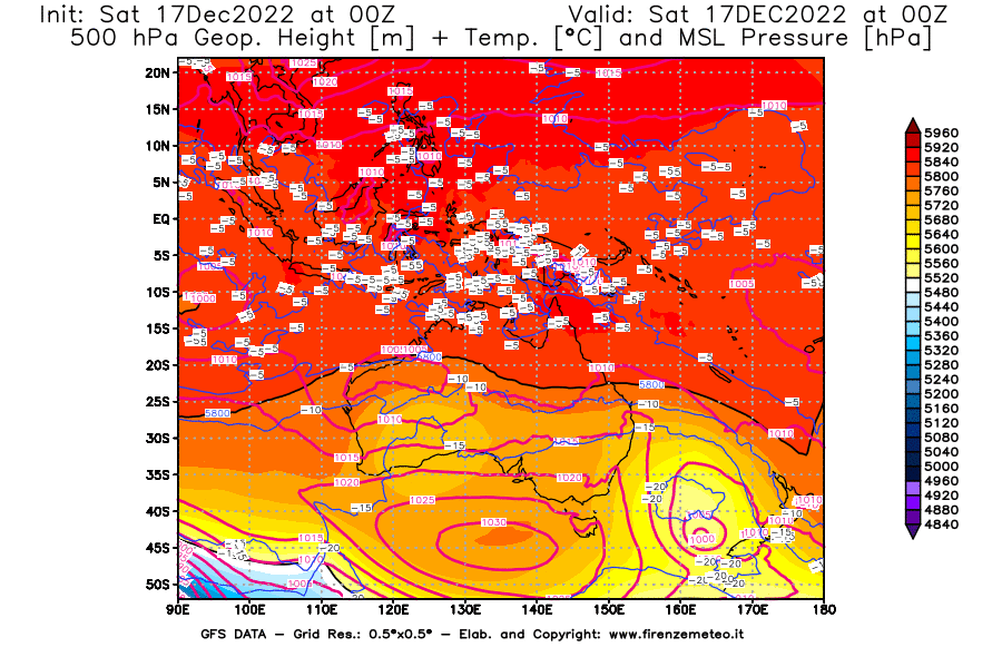 Mappa di analisi GFS - Geopotenziale [m] + Temp. [°C] a 500 hPa + Press. a livello del mare [hPa] in Oceania
							del 17/12/2022 00 <!--googleoff: index-->UTC<!--googleon: index-->