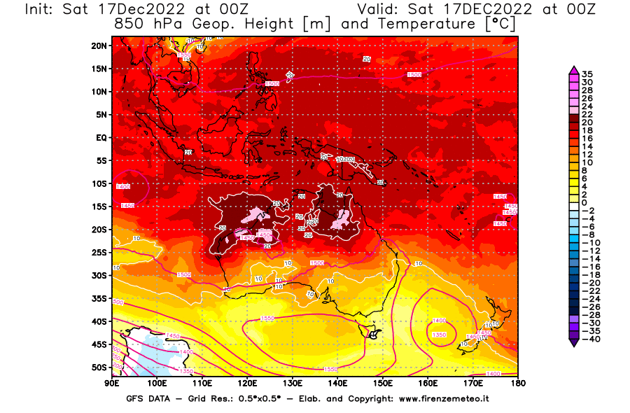 Mappa di analisi GFS - Geopotenziale [m] e Temperatura [°C] a 850 hPa in Oceania
							del 17/12/2022 00 <!--googleoff: index-->UTC<!--googleon: index-->