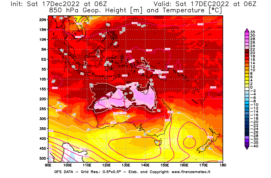 Mappa di analisi GFS - Geopotenziale [m] e Temperatura [°C] a 850 hPa in Oceania
							del 17/12/2022 06 <!--googleoff: index-->UTC<!--googleon: index-->