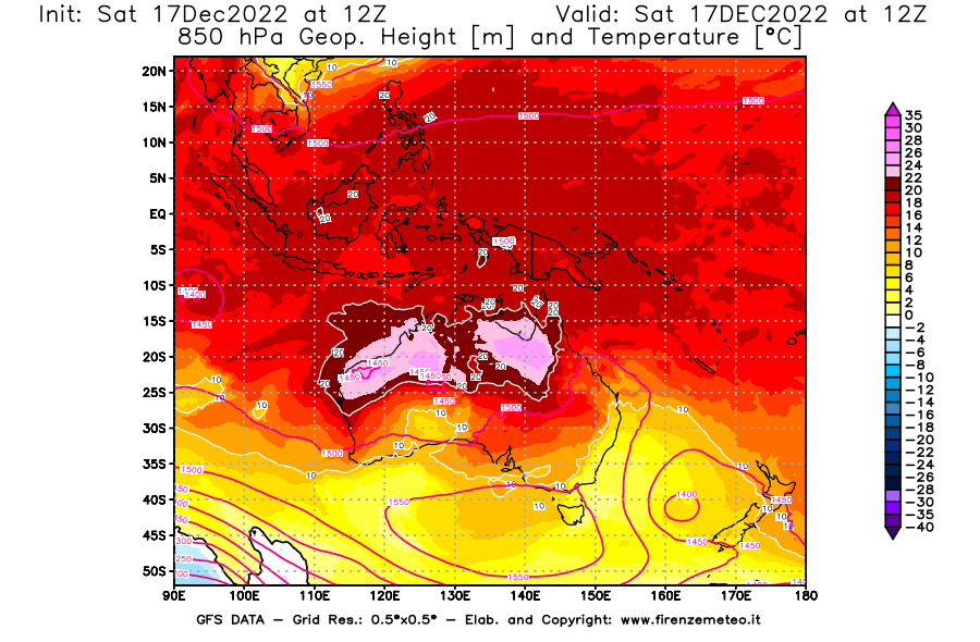 Mappa di analisi GFS - Geopotenziale [m] e Temperatura [°C] a 850 hPa in Oceania
							del 17/12/2022 12 <!--googleoff: index-->UTC<!--googleon: index-->