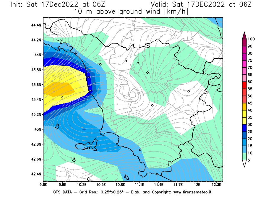Mappa di analisi GFS - Velocità del vento a 10 metri dal suolo [km/h] in Toscana
							del 17/12/2022 06 <!--googleoff: index-->UTC<!--googleon: index-->