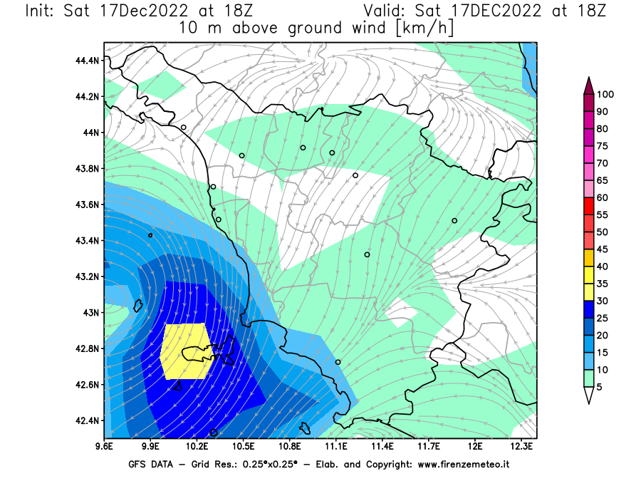 Mappa di analisi GFS - Velocità del vento a 10 metri dal suolo [km/h] in Toscana
							del 17/12/2022 18 <!--googleoff: index-->UTC<!--googleon: index-->