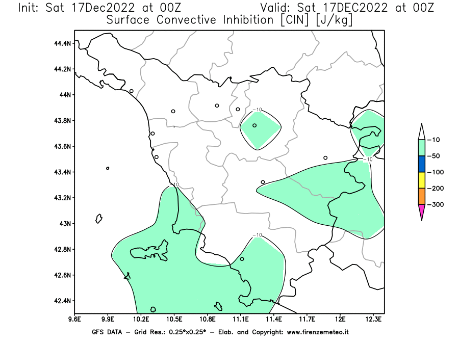 Mappa di analisi GFS - CIN [J/kg] in Toscana
							del 17/12/2022 00 <!--googleoff: index-->UTC<!--googleon: index-->