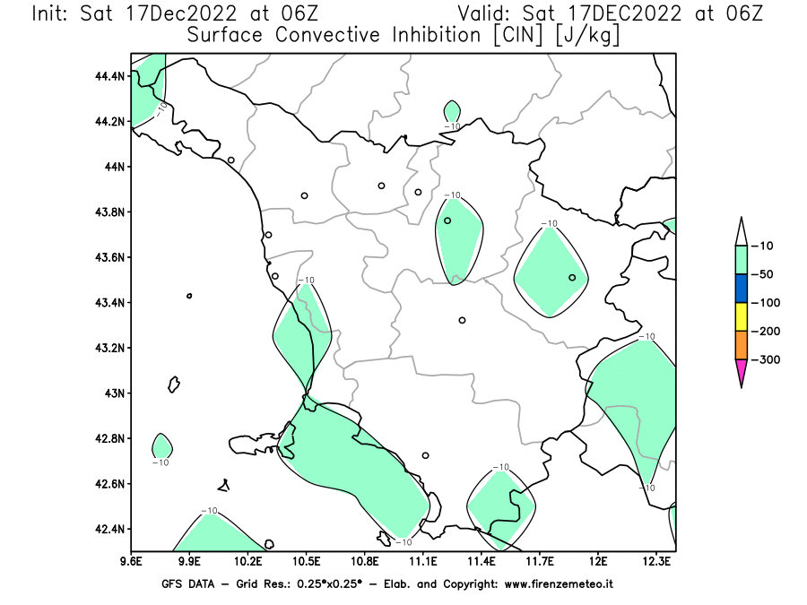 Mappa di analisi GFS - CIN [J/kg] in Toscana
							del 17/12/2022 06 <!--googleoff: index-->UTC<!--googleon: index-->
