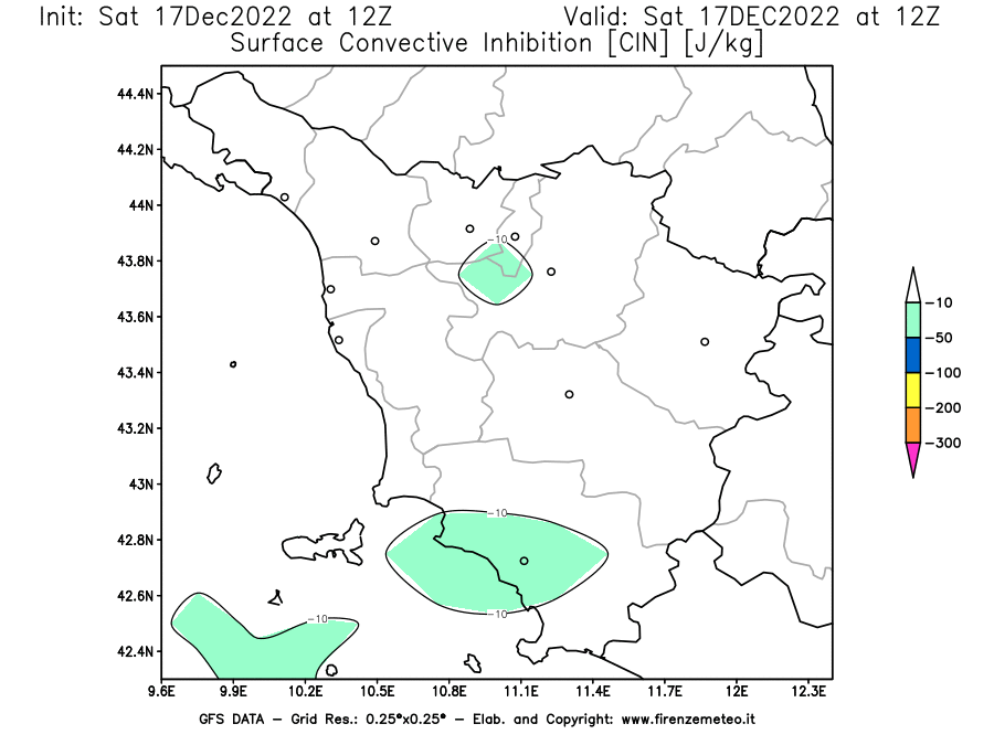 Mappa di analisi GFS - CIN [J/kg] in Toscana
							del 17/12/2022 12 <!--googleoff: index-->UTC<!--googleon: index-->