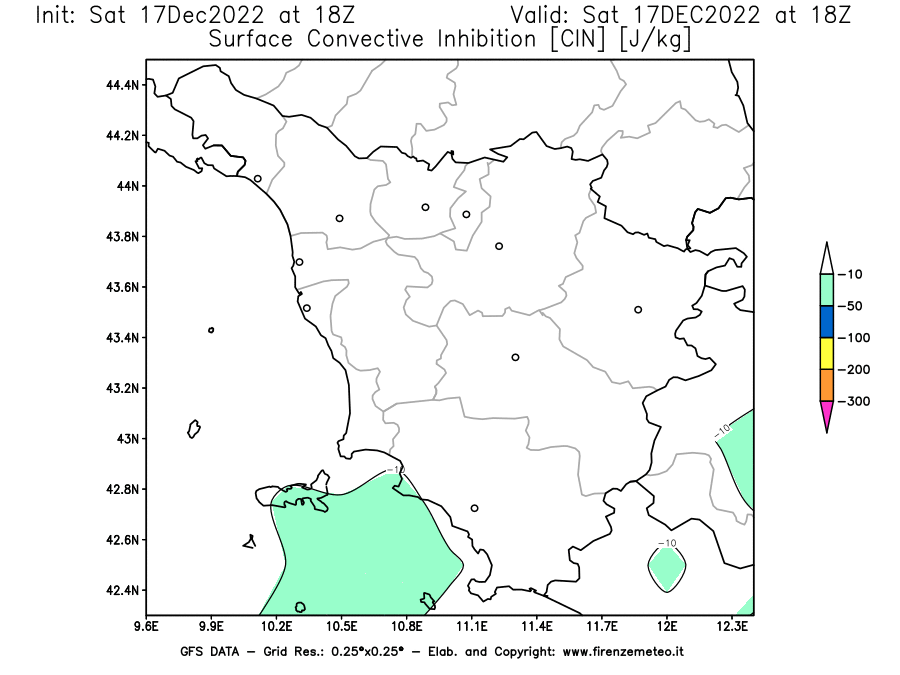 Mappa di analisi GFS - CIN [J/kg] in Toscana
							del 17/12/2022 18 <!--googleoff: index-->UTC<!--googleon: index-->