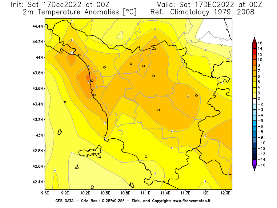 Mappa di analisi GFS - Anomalia Temperatura [°C] a 2 m in Toscana
							del 17/12/2022 00 <!--googleoff: index-->UTC<!--googleon: index-->
