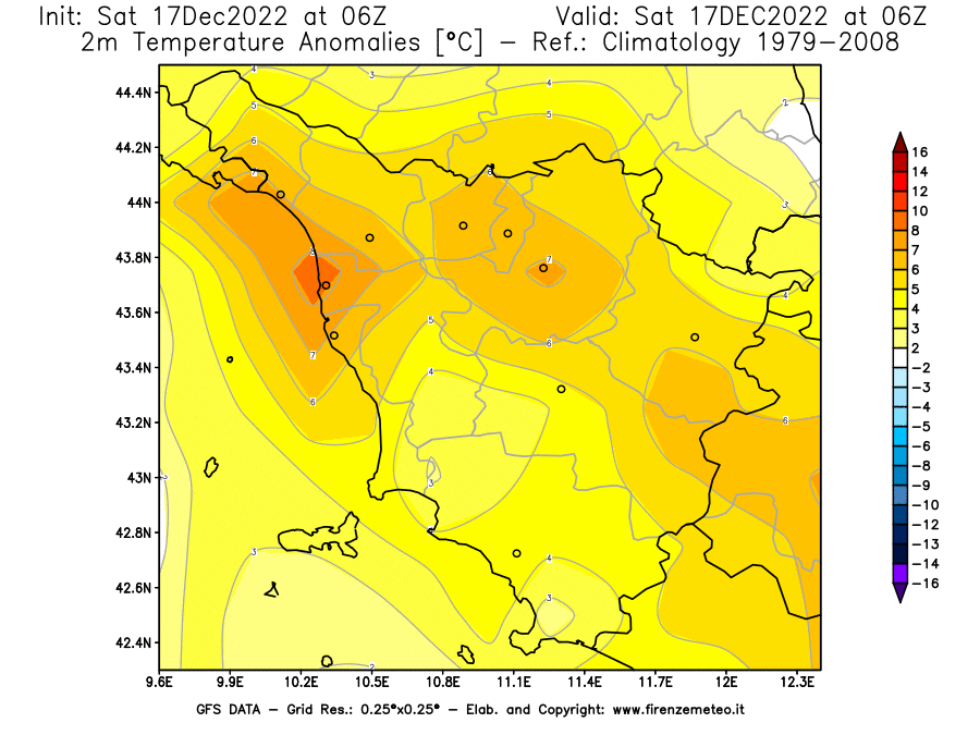 Mappa di analisi GFS - Anomalia Temperatura [°C] a 2 m in Toscana
							del 17/12/2022 06 <!--googleoff: index-->UTC<!--googleon: index-->