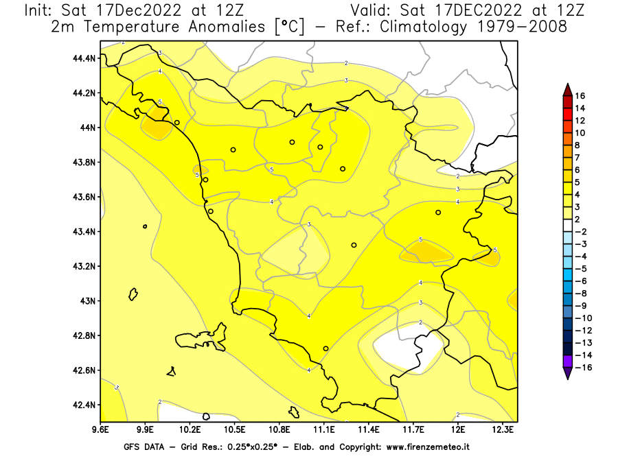 Mappa di analisi GFS - Anomalia Temperatura [°C] a 2 m in Toscana
							del 17/12/2022 12 <!--googleoff: index-->UTC<!--googleon: index-->