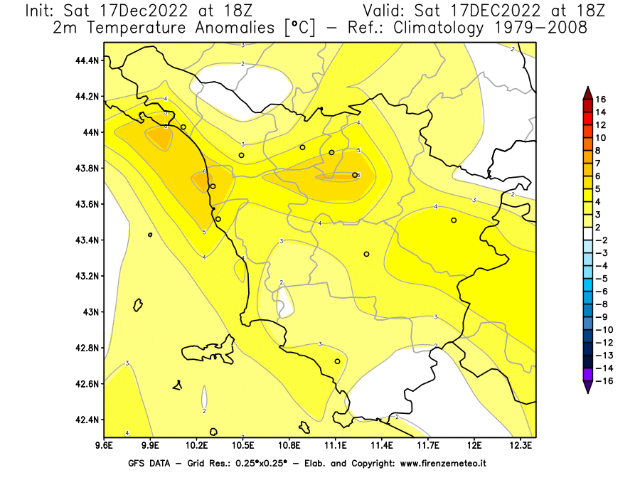 Mappa di analisi GFS - Anomalia Temperatura [°C] a 2 m in Toscana
							del 17/12/2022 18 <!--googleoff: index-->UTC<!--googleon: index-->