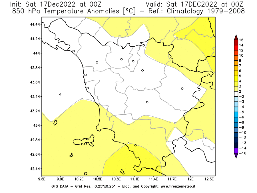 Mappa di analisi GFS - Anomalia Temperatura [°C] a 850 hPa in Toscana
							del 17/12/2022 00 <!--googleoff: index-->UTC<!--googleon: index-->