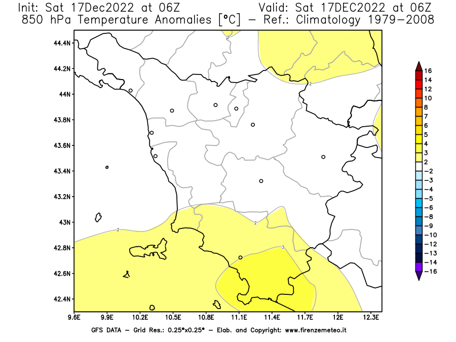 Mappa di analisi GFS - Anomalia Temperatura [°C] a 850 hPa in Toscana
							del 17/12/2022 06 <!--googleoff: index-->UTC<!--googleon: index-->