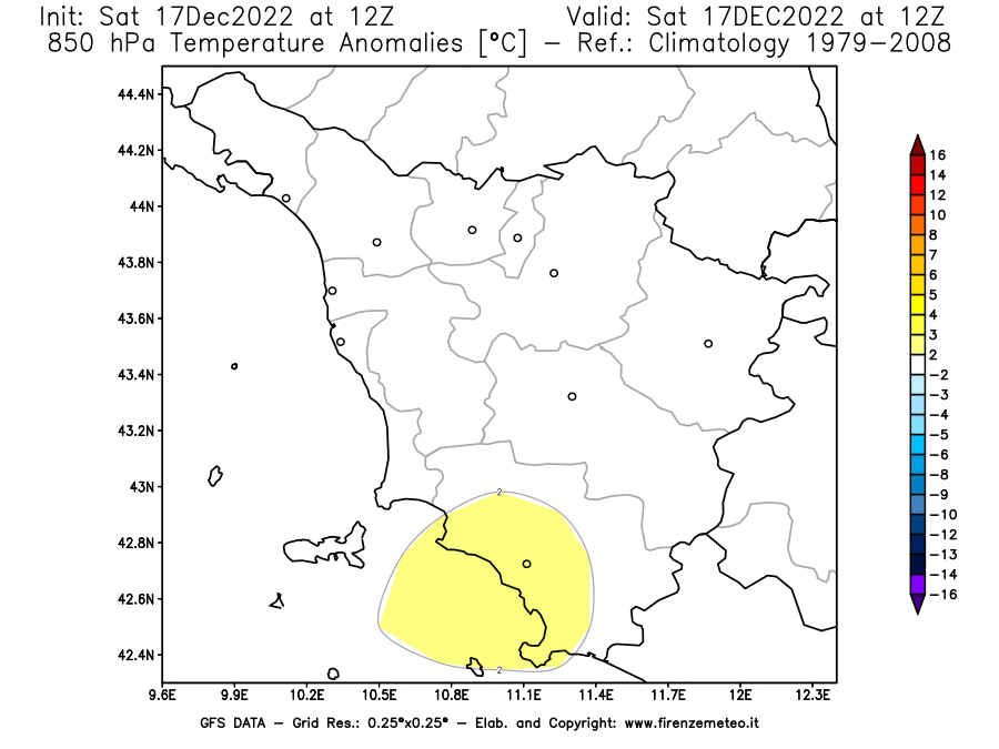 Mappa di analisi GFS - Anomalia Temperatura [°C] a 850 hPa in Toscana
							del 17/12/2022 12 <!--googleoff: index-->UTC<!--googleon: index-->