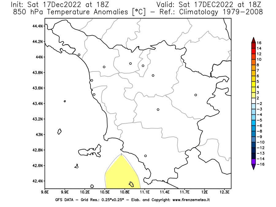 Mappa di analisi GFS - Anomalia Temperatura [°C] a 850 hPa in Toscana
							del 17/12/2022 18 <!--googleoff: index-->UTC<!--googleon: index-->
