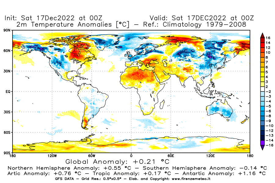Mappa di analisi GFS - Anomalia Temperatura [°C] a 2 m in World
							del 17/12/2022 00 <!--googleoff: index-->UTC<!--googleon: index-->