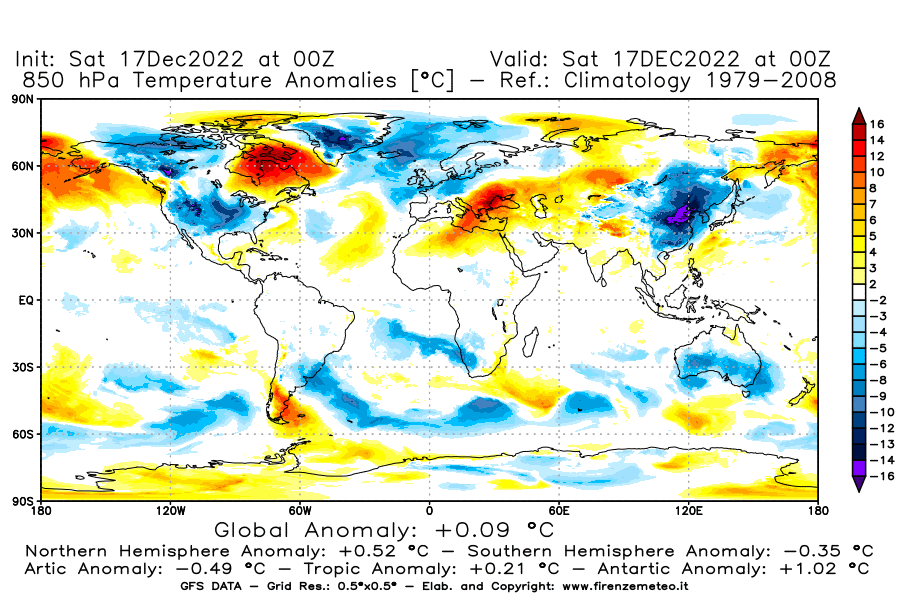 Mappa di analisi GFS - Anomalia Temperatura [°C] a 850 hPa in World
							del 17/12/2022 00 <!--googleoff: index-->UTC<!--googleon: index-->