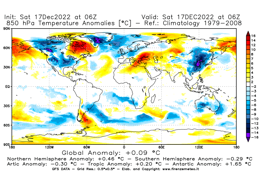 Mappa di analisi GFS - Anomalia Temperatura [°C] a 850 hPa in World
							del 17/12/2022 06 <!--googleoff: index-->UTC<!--googleon: index-->