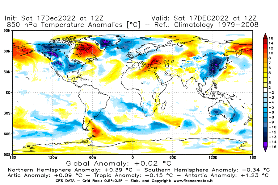 Mappa di analisi GFS - Anomalia Temperatura [°C] a 850 hPa in World
							del 17/12/2022 12 <!--googleoff: index-->UTC<!--googleon: index-->
