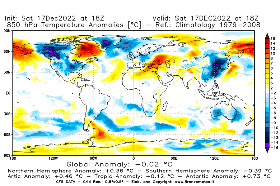 Mappa di analisi GFS - Anomalia Temperatura [°C] a 850 hPa in World
							del 17/12/2022 18 <!--googleoff: index-->UTC<!--googleon: index-->