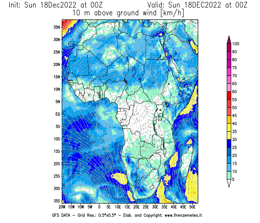 Mappa di analisi GFS - Velocità del vento a 10 metri dal suolo [km/h] in Africa
							del 18/12/2022 00 <!--googleoff: index-->UTC<!--googleon: index-->